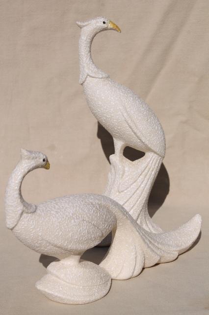 mid-century modern vintage ceramic birds, art pottery white peacocks w/ textured glaze