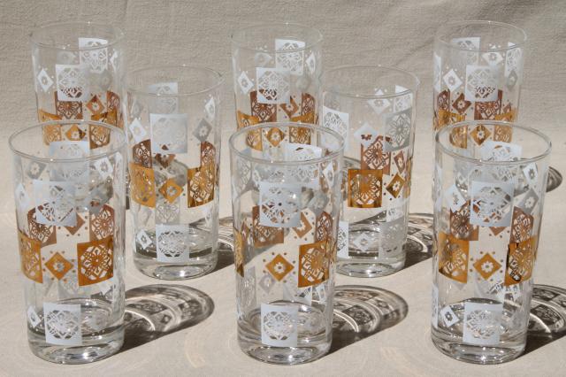 mid-century modern vintage tumblers set, white & gold print glass drinking glasses