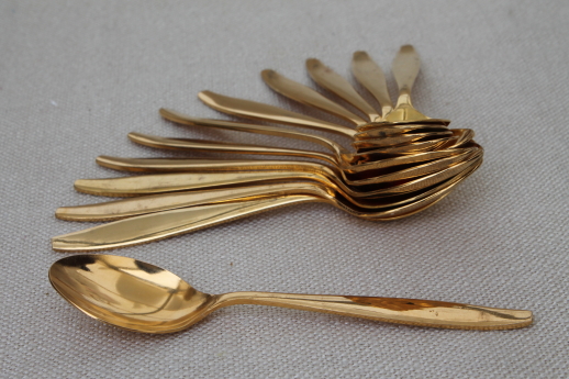 Mid-century retro gold electroplate flatware, gold plated demitasse spoons