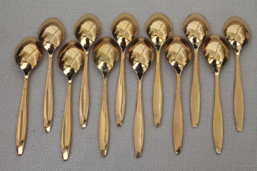 Mid-century retro gold electroplate flatware, gold plated demitasse spoons
