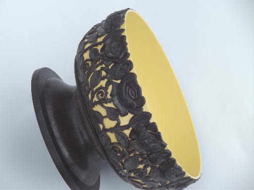 Mid-century retro Regaline plastic bowl, carved 'wood' roses on ivory