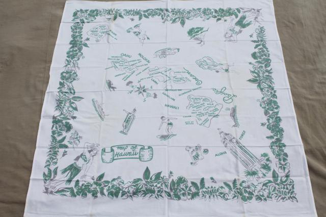 mid-century vintage Hawaii souvenir map print cotton tablecloth w/ hula girls & surfers