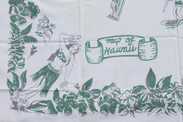 mid-century vintage Hawaii souvenir map print cotton tablecloth w/ hula girls & surfers