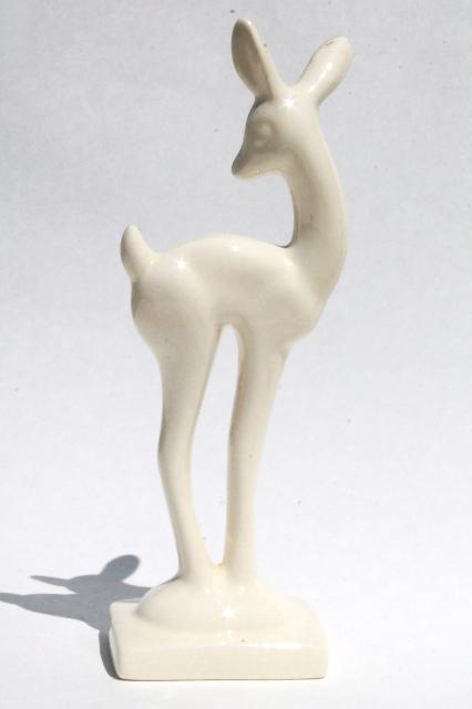 mid-century vintage ceramic deer statue, mod long legged doe figurine in matte white pottery