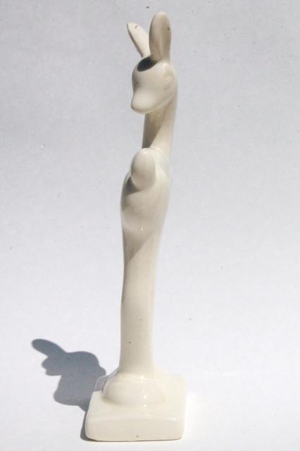 mid-century vintage ceramic deer statue, mod long legged doe figurine in matte white pottery