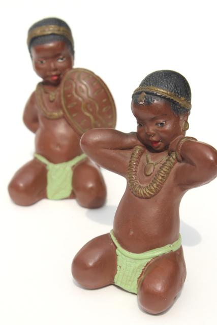 mid-century vintage chalkware figures, black African children figurines, very retro!