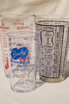 mid-century vintage cocktail mixer measures, bar measuring glasses w/ drink recipes