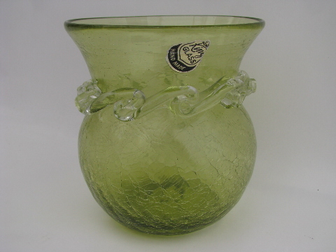 Mid-century vintage crackle glass, hand blown glass vase w/ King label