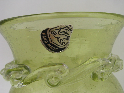 Mid-century vintage crackle glass, hand blown glass vase w/ King label