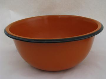 Mid-century vintage enamel kitchen utility mixing bowl, mod orange color