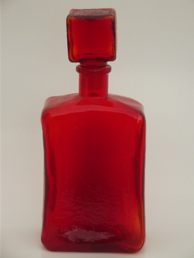 Mid-century vintage glass decanter, amberina orange glass mod square bottle