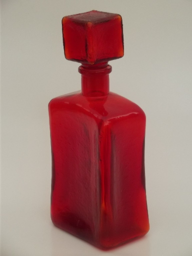 Mid-century vintage glass decanter, amberina orange glass mod square bottle