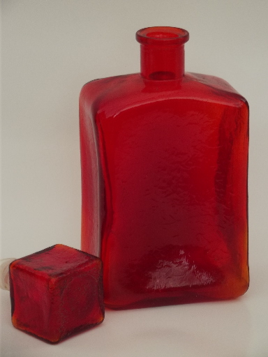 Mid-century vintage glass decanter, amberina orange glass mod square bottle