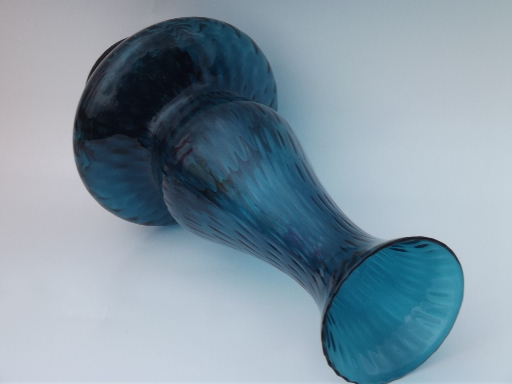 Mid-century vintage Italian art glass vase, ocean blue optic wave pattern