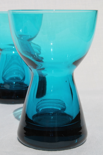 Mid-century vintage Morgantown Barton glass candlesticks set in peacock blue