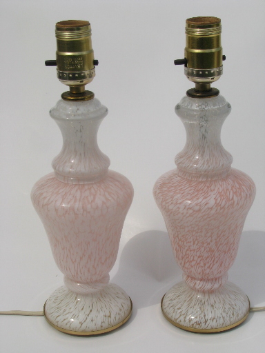Mid-century vintage pink and white Italian art glass boudoir lamps pair