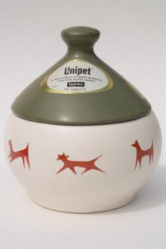 mid-century vintage pottery cookie jar for cats & dogs, mod design Upjohn Unipet premium