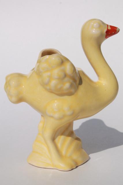 mid-century vintage pottery planter, small yellow ostrich figural ceramic flower pot