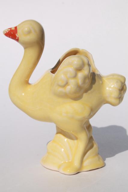 mid-century vintage pottery planter, small yellow ostrich figural ceramic flower pot