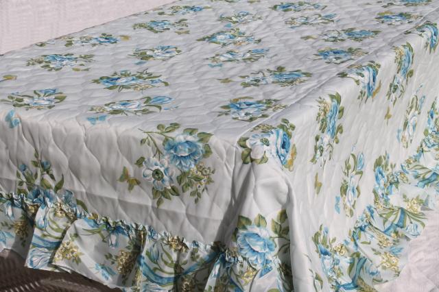 mid-century vintage quilted nylon bedspread w/ girly ruffles & pretty blue roses floral 