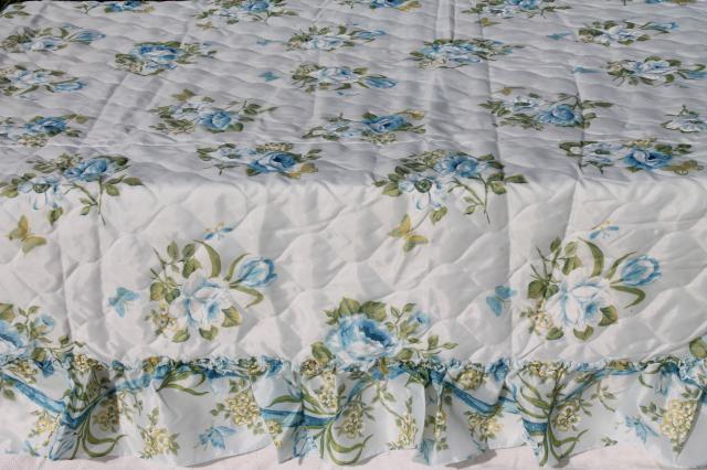 mid-century vintage quilted nylon bedspread w/ girly ruffles & pretty blue roses floral 