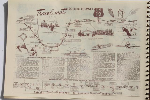 mid-century vintage road trip travel maps, roadside attractions, food, lodgings