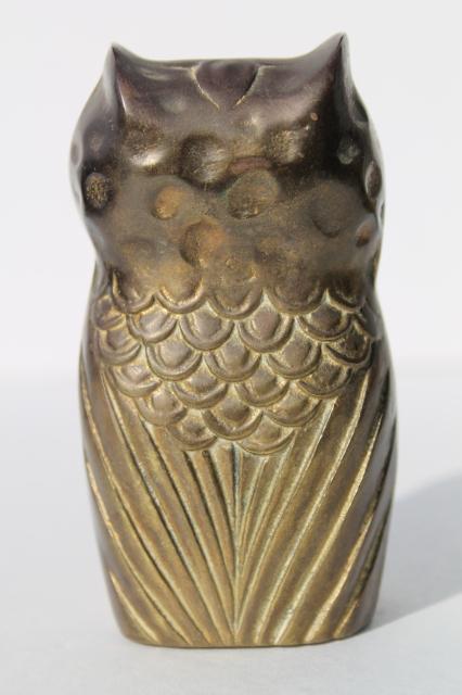 mid-century vintage solid brass owl paperweight animal figurine, 60s 70s retro