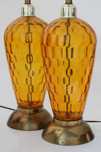 Mid-century vintage tall glass lamps, 60s retro amber glass table lamp pair