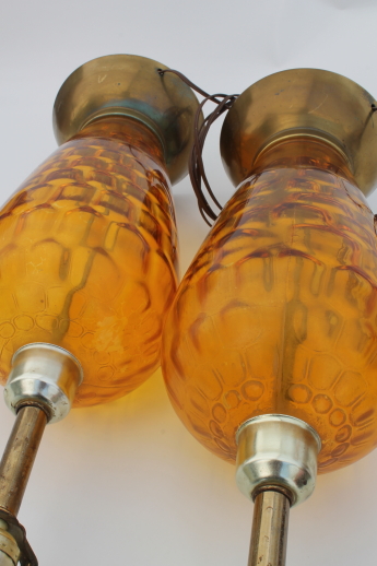 Mid-century vintage tall glass lamps, 60s retro amber glass table lamp pair