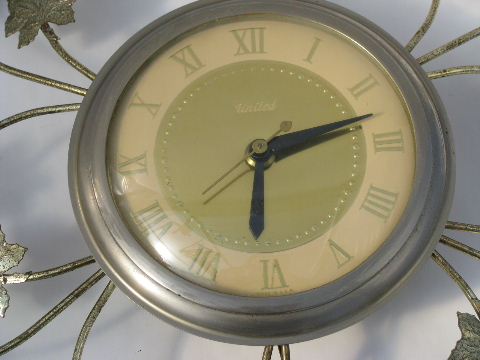 Mid-century vintage tole ivy shabby chic electric wall clock, retro starburst