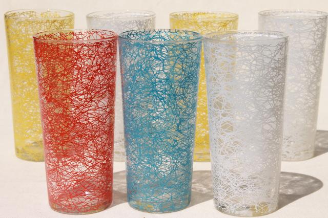 mid-mod vintage tall tumbler drinking glasses, spaghetti squiggle drizzle glass coolers