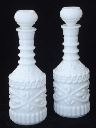 Milk glass decanter set, vintage milk glass whiskey bottle decanters