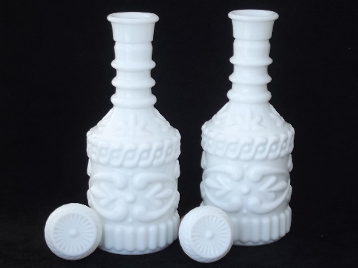 Milk glass decanter set, vintage milk glass whiskey bottle decanters