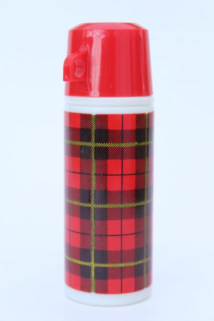 mini red tartan plaid Thermos Avon bottle, retro 1970s vintage