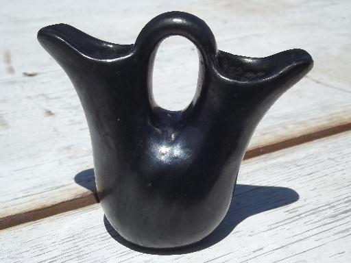 Miniature wedding vase, old Indian pottery double jar shape all black