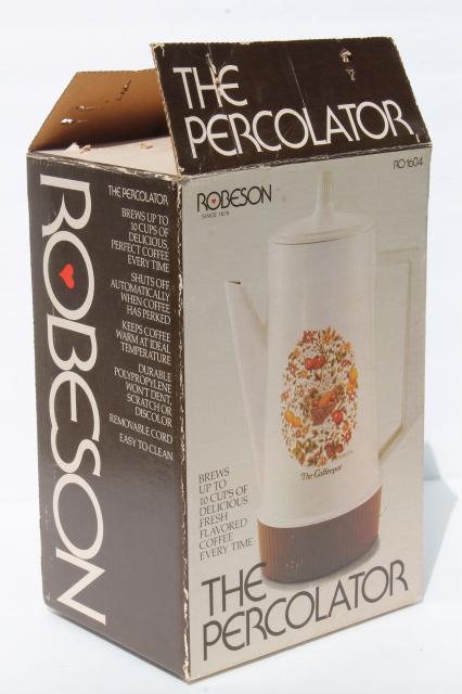 mint in box 70s vintage Robeson plastic coffee pot percolator, retro spice of life seasonings