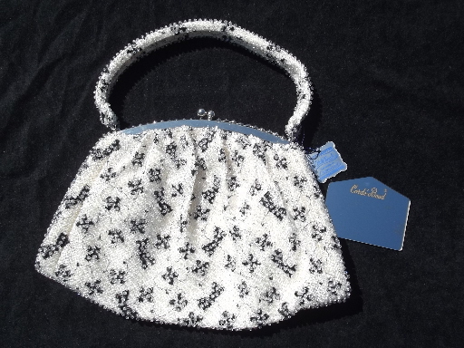 Mint w/ tags vintage purse, 50s  beaded handbag, little black bows on white
