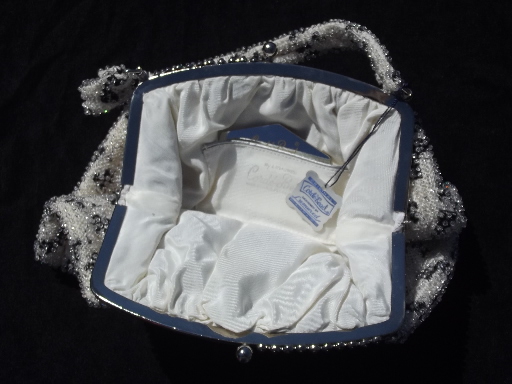Mint w/ tags vintage purse, 50s  beaded handbag, little black bows on white
