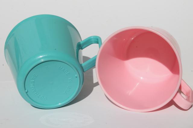 mismatched collection of vintage melmac plastic mugs & glasses, pink & aqua turquoise 