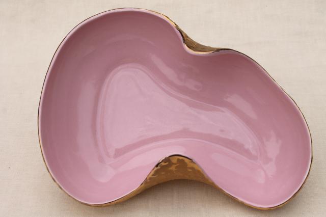 mod 50s vintage ceramic bowl, large free form dish in retro pink & encrusted gold