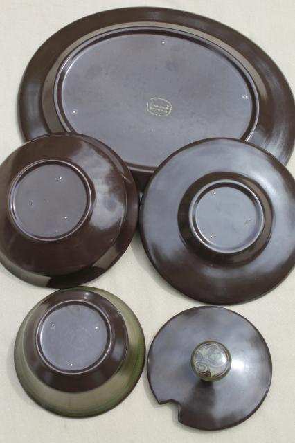 mod 60s 70s vintage Madeira Franciscan pottery, heavy retro brown & green dishes