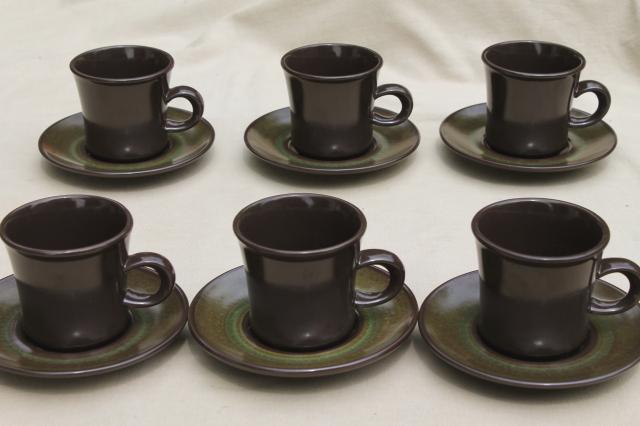 mod 60s 70s vintage Madeira Franciscan pottery, retro brown and green cups & saucers