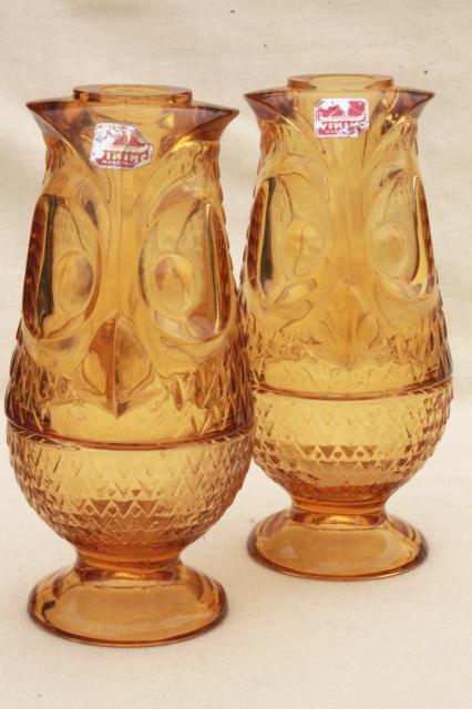 mod 60s 70s vintage amber glass owls, Viking label owl fairy light candle holder lamp pair