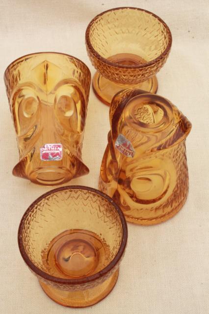 mod 60s 70s vintage amber glass owls, Viking label owl fairy light candle holder lamp pair