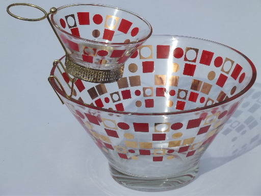 Mod 60s orange circles & squares glass chip n dip set, vintage retro
