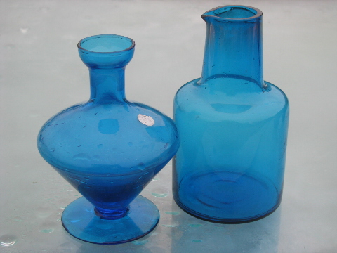 Mod 60s vintage Italy aqua blue glass decanter bottles, no stoppers