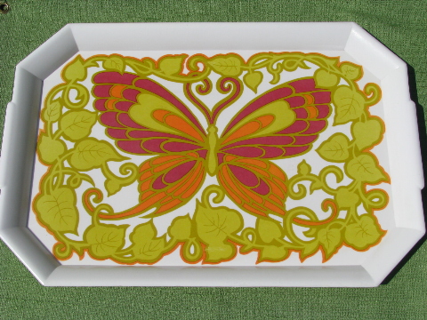 Mod 60s-70s melmac tray, purple, chartreuse, orange print butterfly