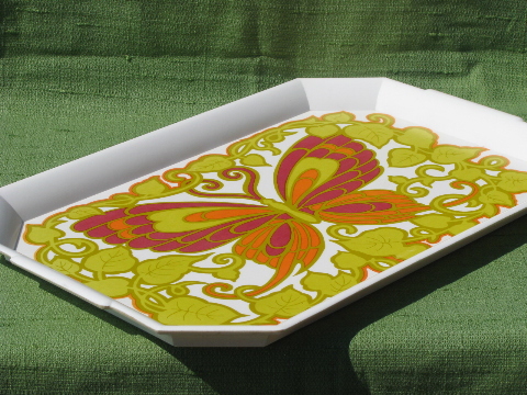 Mod 60s-70s melmac tray, purple, chartreuse, orange print butterfly