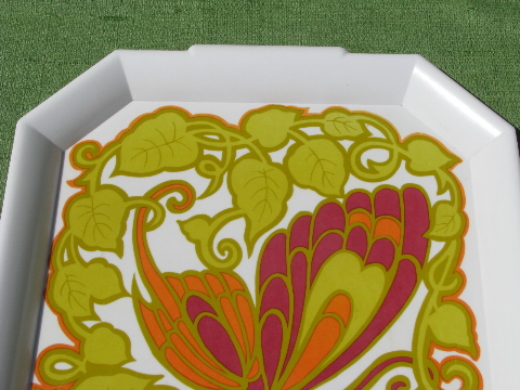 Mod 60s-70s melmac tray, purple, chartreuse, orange print butterfly