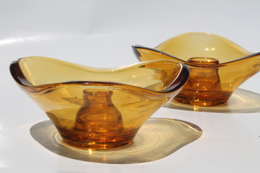Mod amber glass candle holders, retro 60s 70s vintage candlesticks set